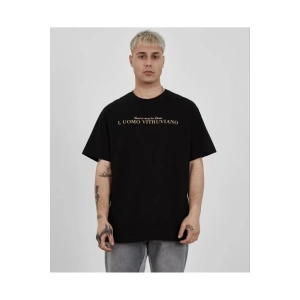 Unisex Bisiklet Yaka Baskılı Oversize T-Shirt - Siyah
