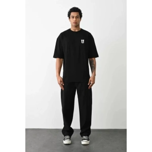 Unisex Bisiklet Yaka Baskılı Oversize T-Shirt - Siyah