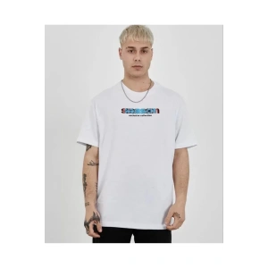Unisex Bisiklet Yaka Baskılı Oversize T-Shirt - Beyaz