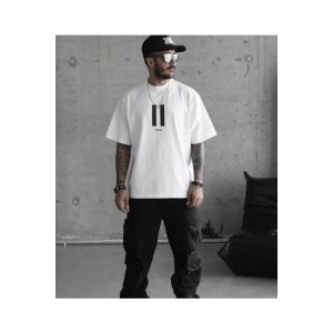 Unisex Bisiklet Yaka Baskılı Oversize T-Shirt - Beyaz