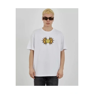 Unisex Bisiklet Yaka Baskılı Oversize T-Shirt - Beyaz