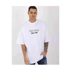 Unisex Bisiklet Yaka Baskılı Oversize T-Shirt - Beyaz