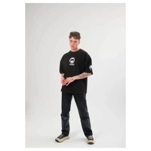 Unisex Bisiklet Yaka Baskılı Oversize T-Shirt - Siyah