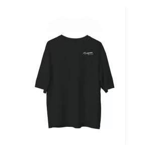 Unisex Bisiklet Yaka Baskılı Oversize T-Shirt - Siyah