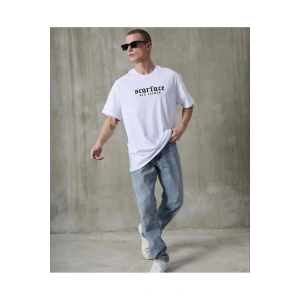 Unisex Bisiklet Yaka Baskılı Oversize T-Shirt - Beyaz
