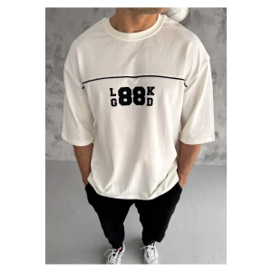 Unisex Bisiklet Yaka Baskılı Oversize T-Shirt - Beyaz