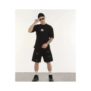 Unisex Bisiklet Yaka Baskılı Oversize T-Shirt - Siyah