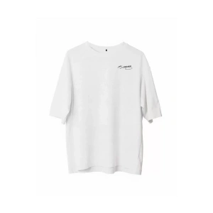 Unisex Bisiklet Yaka Baskılı Oversize T-Shirt - Beyaz