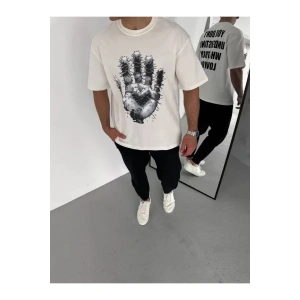 Unisex Bisiklet Yaka Baskılı Oversize T-Shirt - Beyaz
