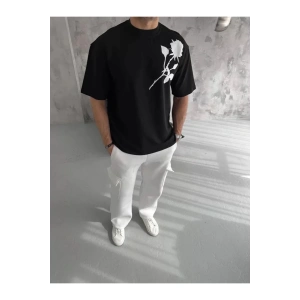 Unisex Bisiklet Yaka Baskılı Oversize T-Shirt - Siyah