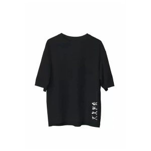 Unisex Bisiklet Yaka Baskılı Oversize T-Shirt - Siyah