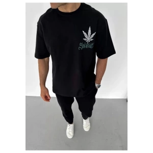 Unisex Bisiklet Yaka Baskılı Oversize T-Shirt - Siyah