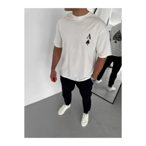 Unisex Bisiklet Yaka Baskılı Oversize T-Shirt - Beyaz