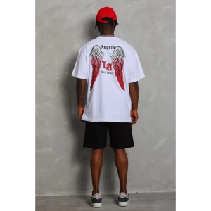 Unisex Oversize Baskılı Bisiklet Yaka T-Shirt - Beyaz