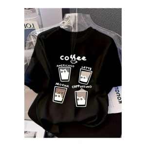 munn collection Baskılı Oversize Bisiklet Yaka T-shirt - Siyah