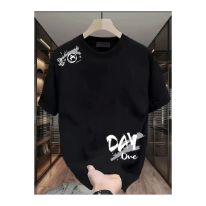 Baskılı Oversize Bisiklet Yaka T-shirt - Siyah