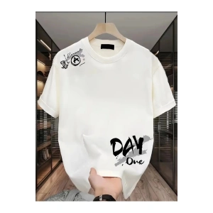 Baskılı Oversize Bisiklet Yaka T-shirt - Beyaz