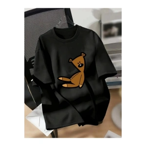 Baskılı Oversize Bisiklet Yaka T-shirt - Siyah