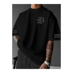 Mottisfashion Baskılı Oversize Bisiklet Yaka T-shirt - Siyah
