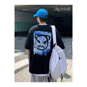 Baskılı Oversize Bisiklet Yaka T-shirt - Siyah