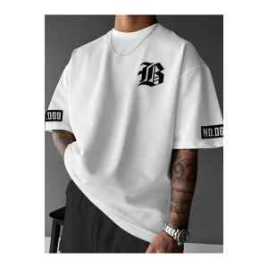 Baskılı Oversize Bisiklet Yaka T-shirt - Beyaz