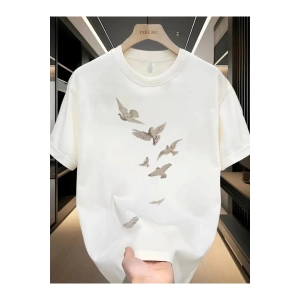 Baskılı Oversize Bisiklet Yaka T-shirt - Beyaz