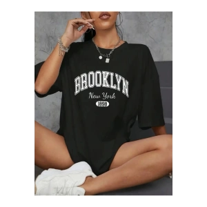 Baskılı Oversize Bisiklet Yaka T-shirt - Siyah