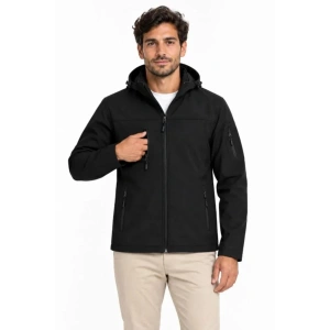 Erkek Su Geçirmez Softshell İçi Polar Astarlı Çıkarılabilir Kapüşonlu 4 Cepli Mont Ceket - Siyah