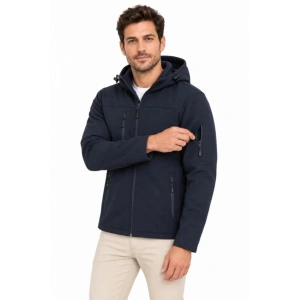 Erkek Su Geçirmez Softshell İçi Polar Astarlı Çıkarılabilir Kapüşonlu 4 Cepli Mont Ceket - Lacivert