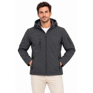 Erkek Su Geçirmez Softshell İçi Polar Astarlı Çıkarılabilir Kapüşonlu 4 Cepli Mont Ceket - Füme