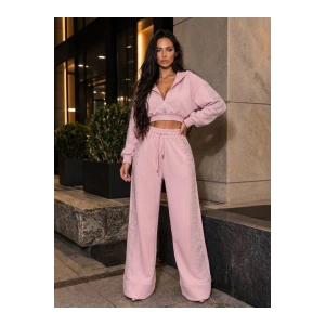 Kadın Taş Baskı Detaylı Fermuarlı Crop Sweatshirt Ve Geniş Paça Eşofman Takımı