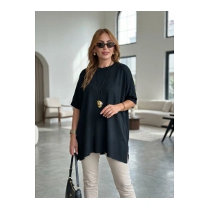 Kadın Bisiklet Yaka Kısa Yarasa Kollu Yanları Yırtmaçlı Oversize Dökümlü Merserize Bluz