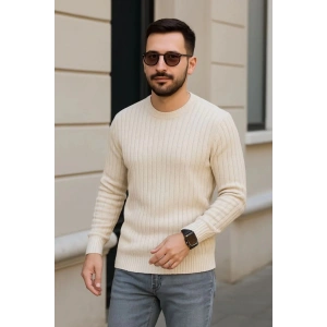 Erkek Bisiklet Yuvarlak Yaka Triko Kazak Pamuklu Kalın Fitilli Dokuma, Regular Fit Uzun Kollu Kışlık