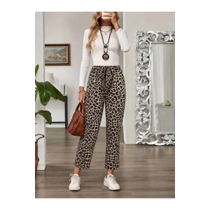 Kadın Yüksek Bel Bağcıklı Leopar Desenli Modal Pantolon
