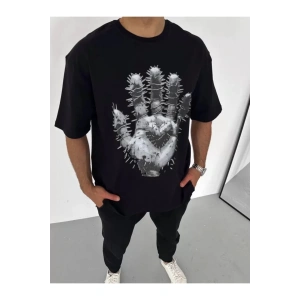 Unisex Bisiklet Yaka Baskılı Oversize T-Shirt - Siyah