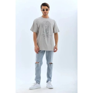 Unisex Oversize Taşlı Bisiklet Yaka T-Shirt - Gri