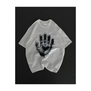 Unisex Bisiklet Yaka Baskılı Oversize T-Shirt - Beyaz