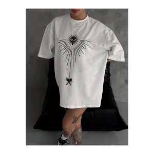 Unisex Bisiklet Yaka Baskılı Oversize T-Shirt - Beyaz