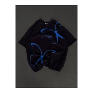 Unisex Bisiklet Yaka Baskılı Oversize T-Shirt - Siyah
