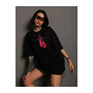 Unisex Bisiklet Yaka Baskılı Oversize T-Shirt - Siyah
