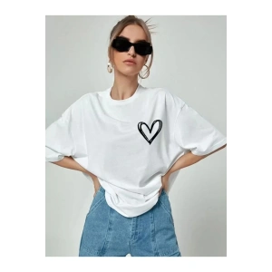 Bisiklet Yaka Baskılı Oversize T-Shirt - Beyaz
