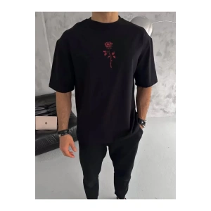 Unisex Bisiklet Yaka Baskılı Oversize T-Shirt - Siyah