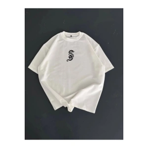 Baskılı Oversize Bisiklet Yaka T-shirt - Beyaz