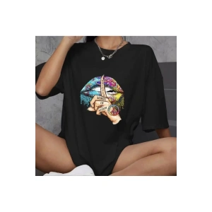 Unisex Bisiklet Yaka Baskılı Oversize T-Shirt - Siyah