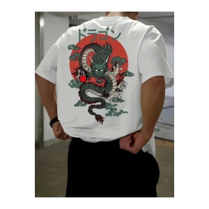 Baskılı Oversize Bisiklet Yaka T-shirt - Beyaz