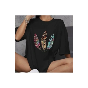 Unisex Bisiklet Yaka Baskılı Oversize T-Shirt - Siyah
