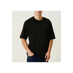 Unisex Bisiklet Yaka Baskılı Oversize T-Shirt - Siyah