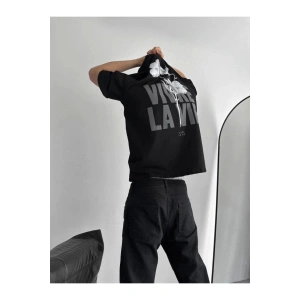 Baskılı Oversize Bisiklet Yaka T-shirt - Siyah