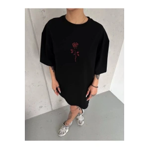 Unisex Bisiklet Yaka Baskılı Oversize T-Shirt - Siyah