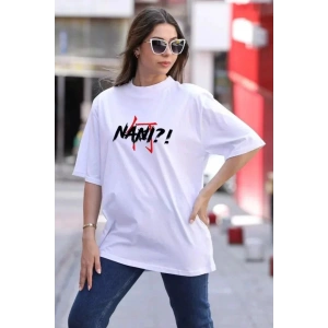 Unisex Bisiklet Yaka Baskılı Oversize T-Shirt - Beyaz